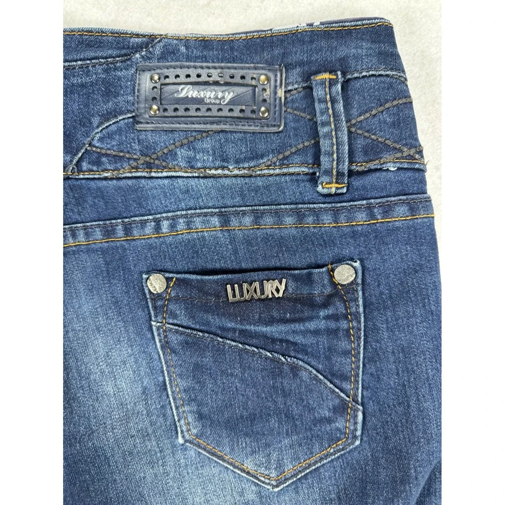 Luxury Group Womens Dark Wash Skinny Jeans Size 30 Button Fly Floral Waistband